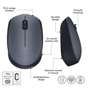 Logitech M170 Wireless Mouse, 2.4 GHz with USB Mini Receiver, Optical Tracking, 12-Months Battery Life, Ambidextrous PC/Mac/Laptop - Grey/Black
