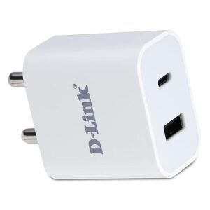 D-Link 20W Dual Port Fast Charger Type-C & USB-A for All Mobiles Phones, Tablets, Power Banks, Smart Watches, Earbuds Etc. Bis Certified, Compact Size & Easy to Carry. - White